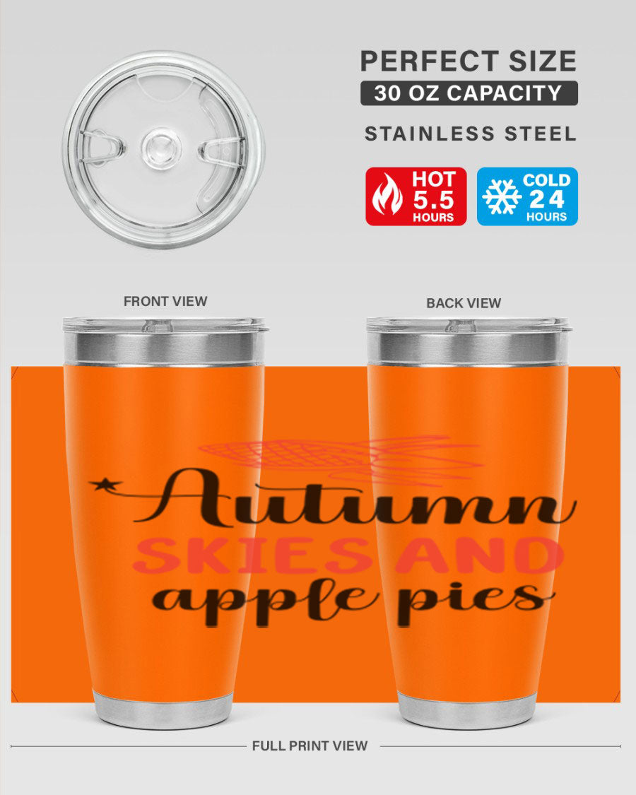 Autumn Skies and Apple Pies 20oz Tumbler featuring a vibrant fall design, double wall vacuum insulation, and a drink-thru lid.