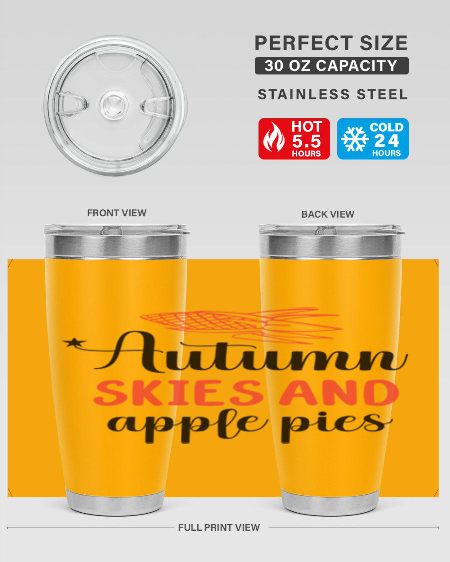 Autumn Skies and Apple Pies 20oz Tumbler featuring a vibrant fall design, double wall vacuum insulation, and a drink-thru lid.