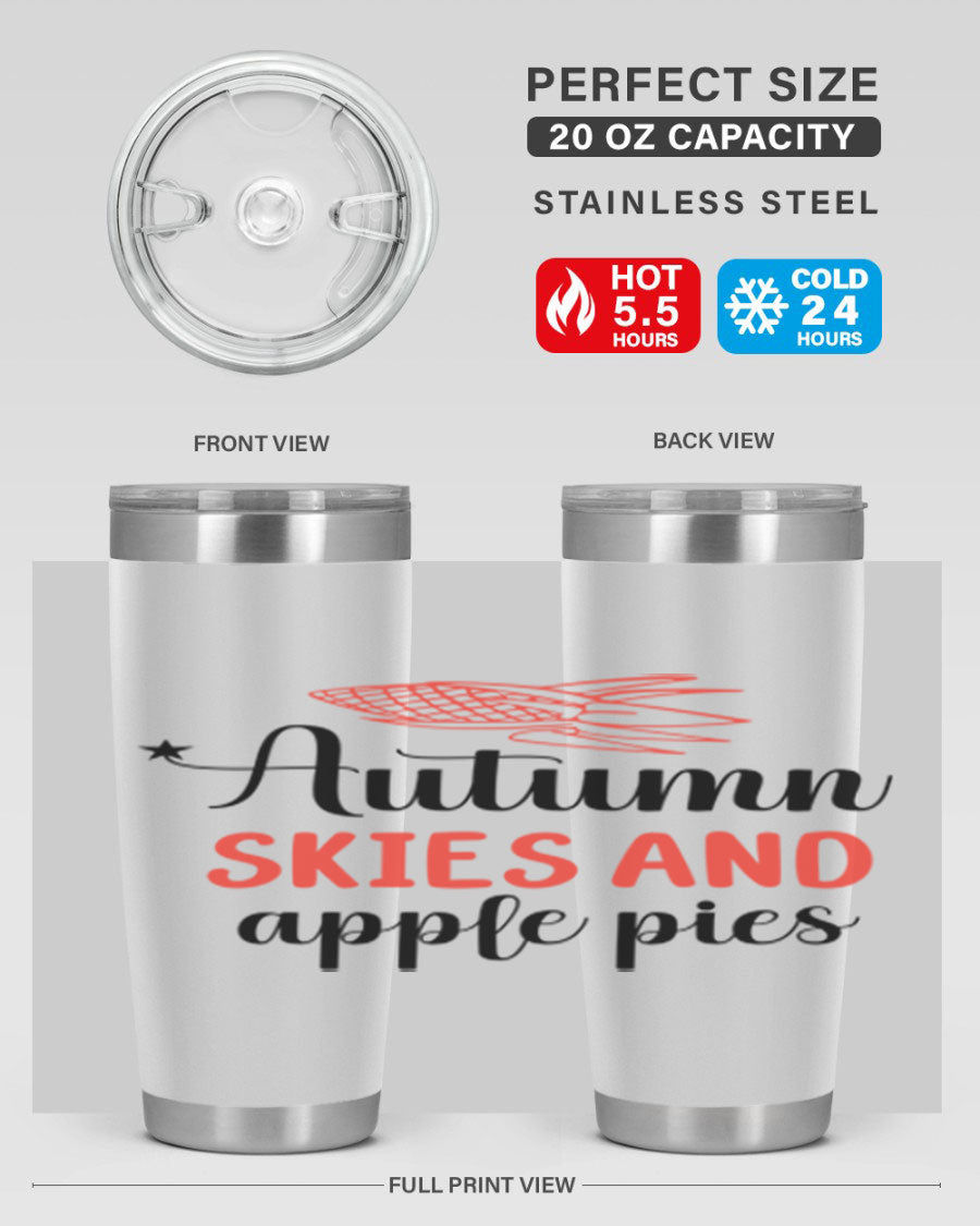 Autumn Skies and Apple Pies 20oz Tumbler featuring a vibrant fall design, double wall vacuum insulation, and a drink-thru lid.