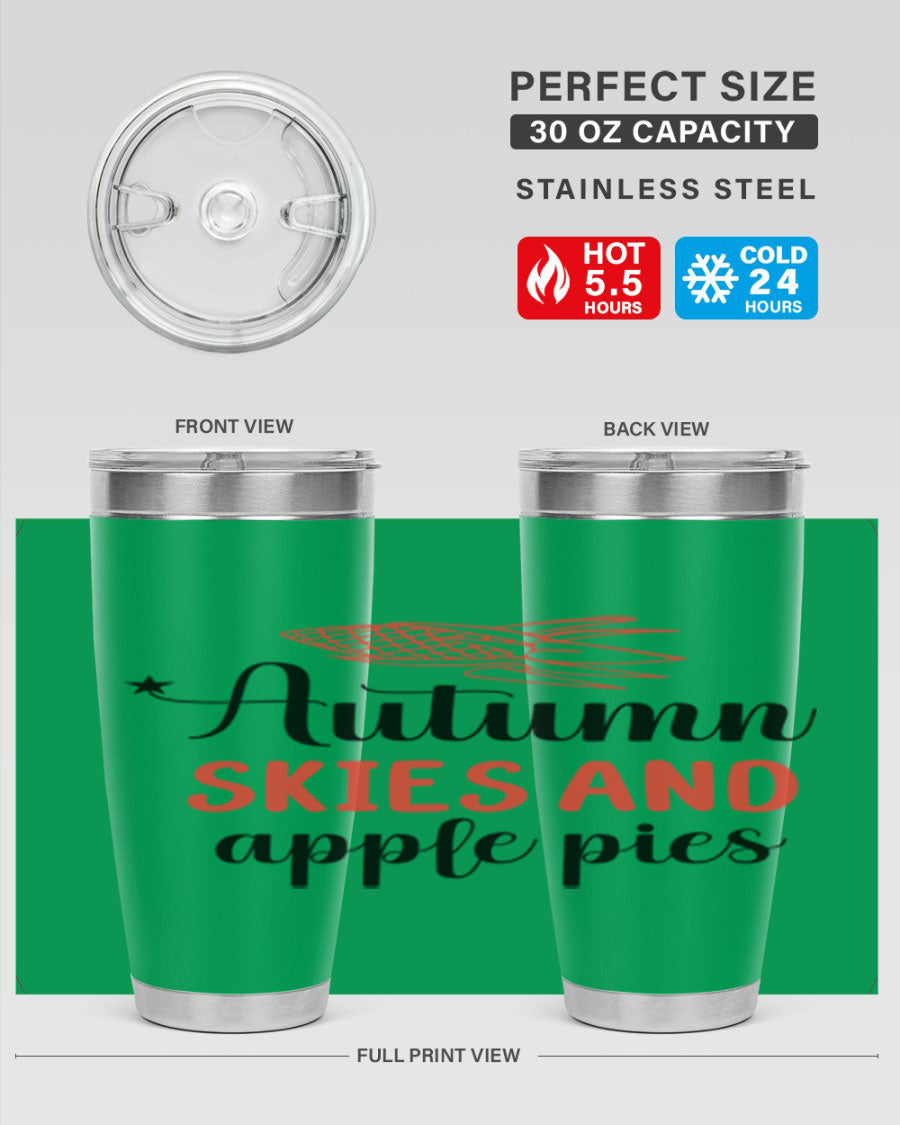 Autumn Skies and Apple Pies 20oz Tumbler featuring a vibrant fall design, double wall vacuum insulation, and a drink-thru lid.