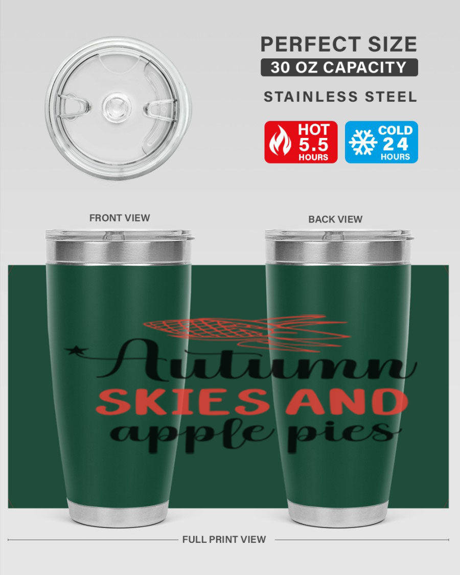 Autumn Skies and Apple Pies 20oz Tumbler featuring a vibrant fall design, double wall vacuum insulation, and a drink-thru lid.