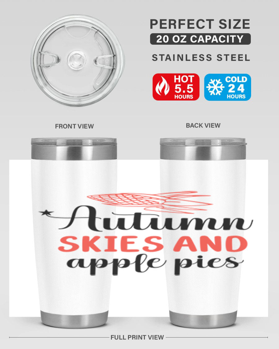 Autumn Skies and Apple Pies 20oz Tumbler featuring a vibrant fall design, double wall vacuum insulation, and a drink-thru lid.