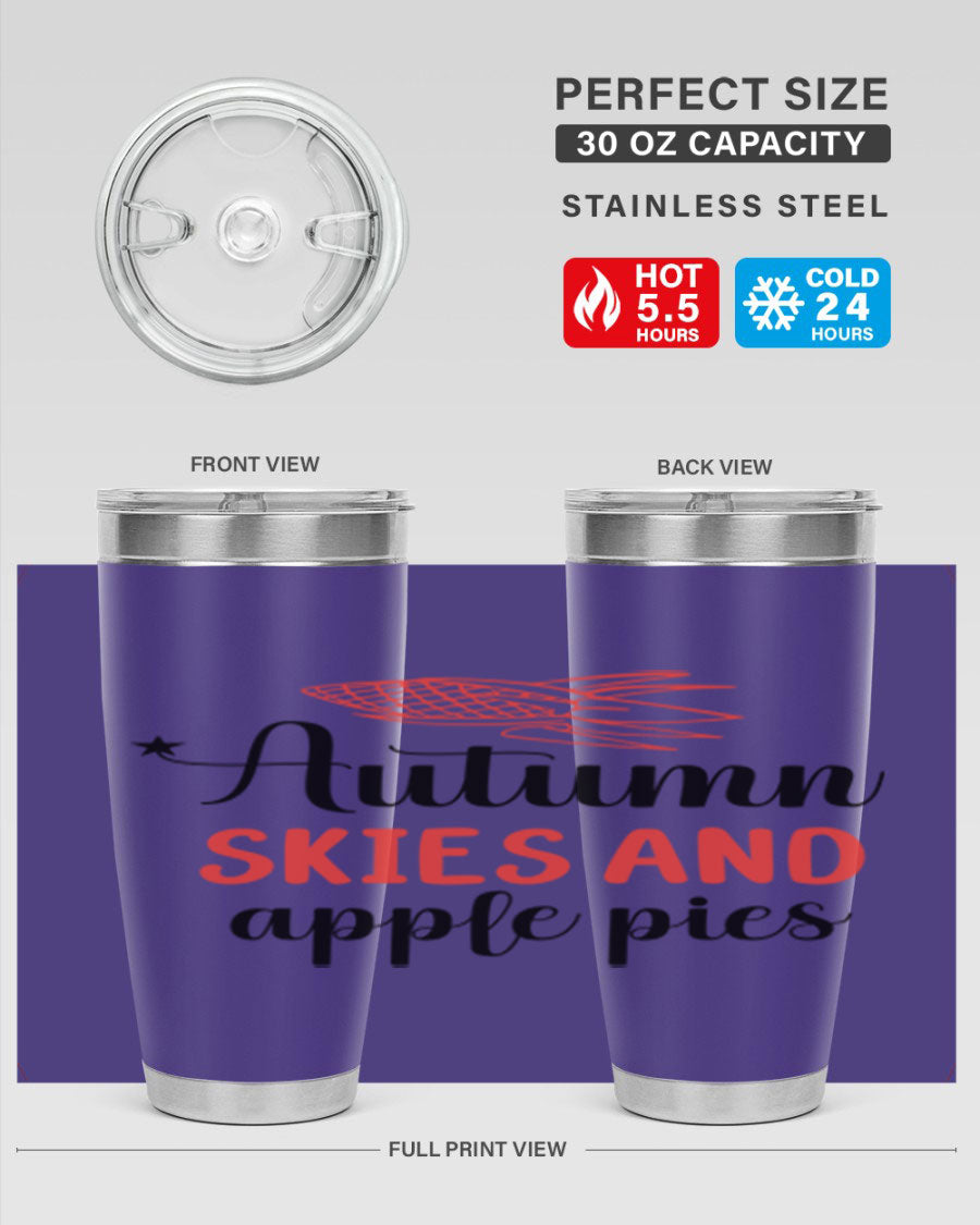 Autumn Skies and Apple Pies 20oz Tumbler featuring a vibrant fall design, double wall vacuum insulation, and a drink-thru lid.