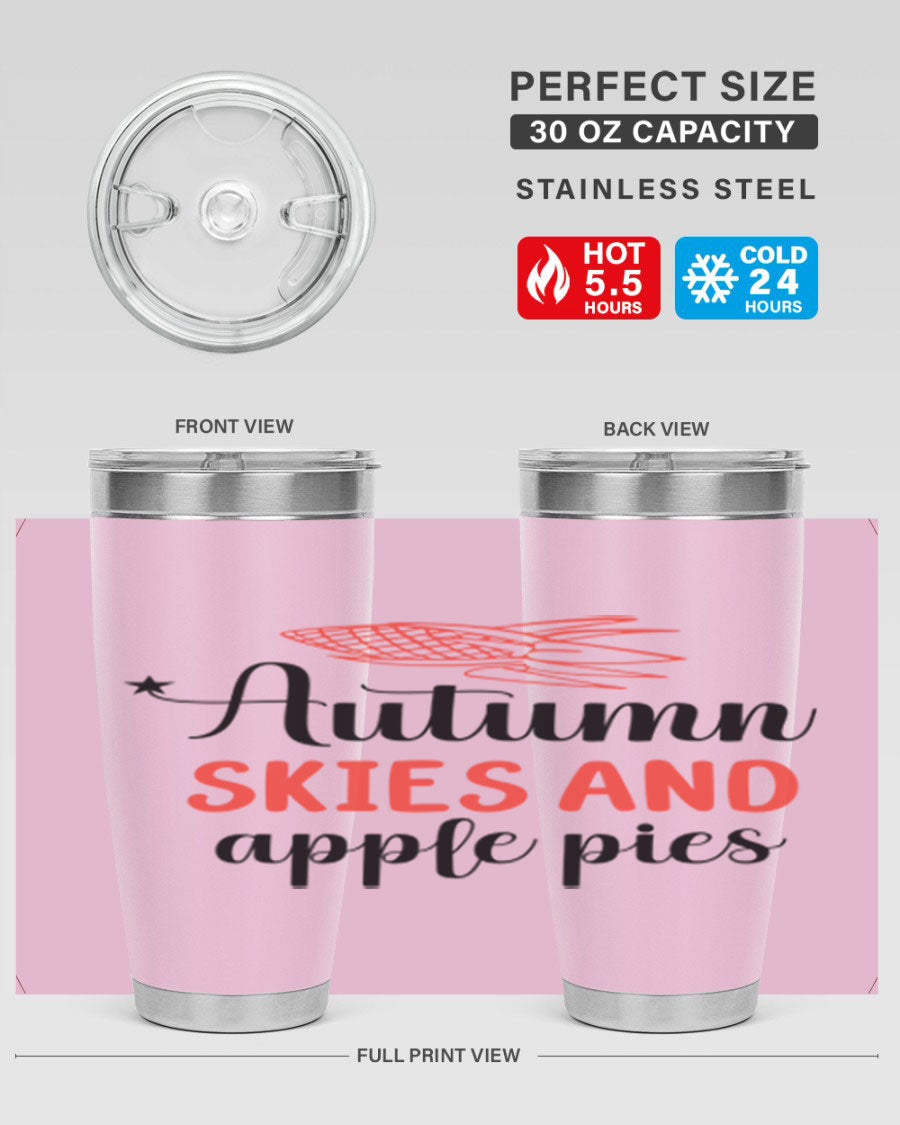 Autumn Skies and Apple Pies 20oz Tumbler featuring a vibrant fall design, double wall vacuum insulation, and a drink-thru lid.