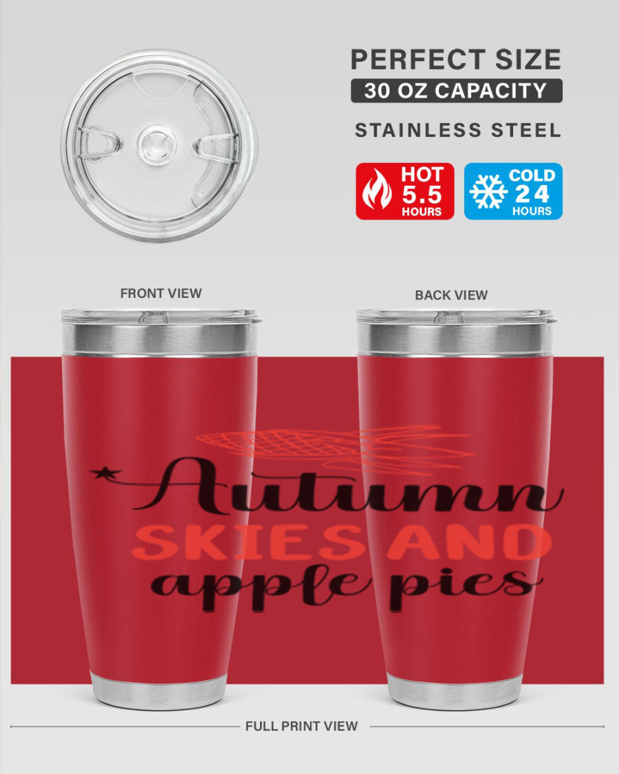 Autumn Skies and Apple Pies 20oz Tumbler featuring a vibrant fall design, double wall vacuum insulation, and a drink-thru lid.