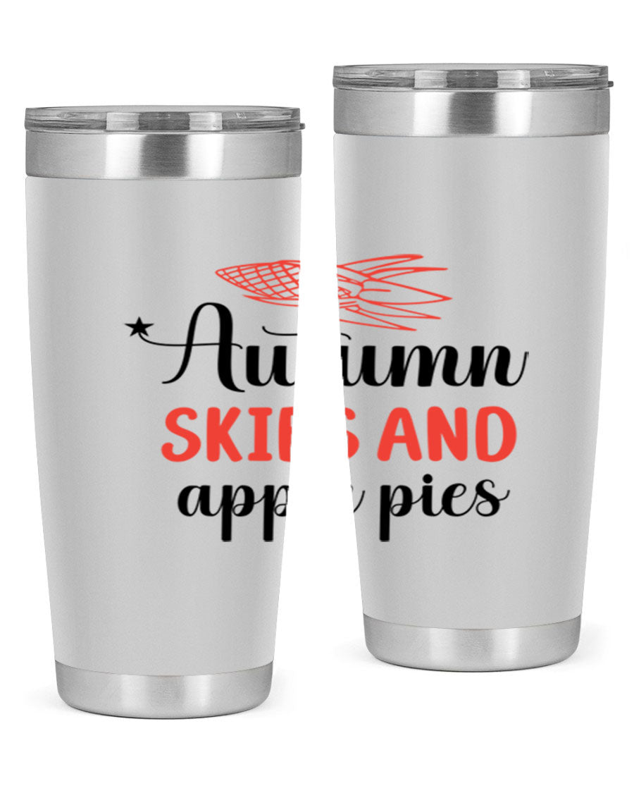 Autumn Skies and Apple Pies 20oz Tumbler featuring a vibrant fall design, double wall vacuum insulation, and a drink-thru lid.