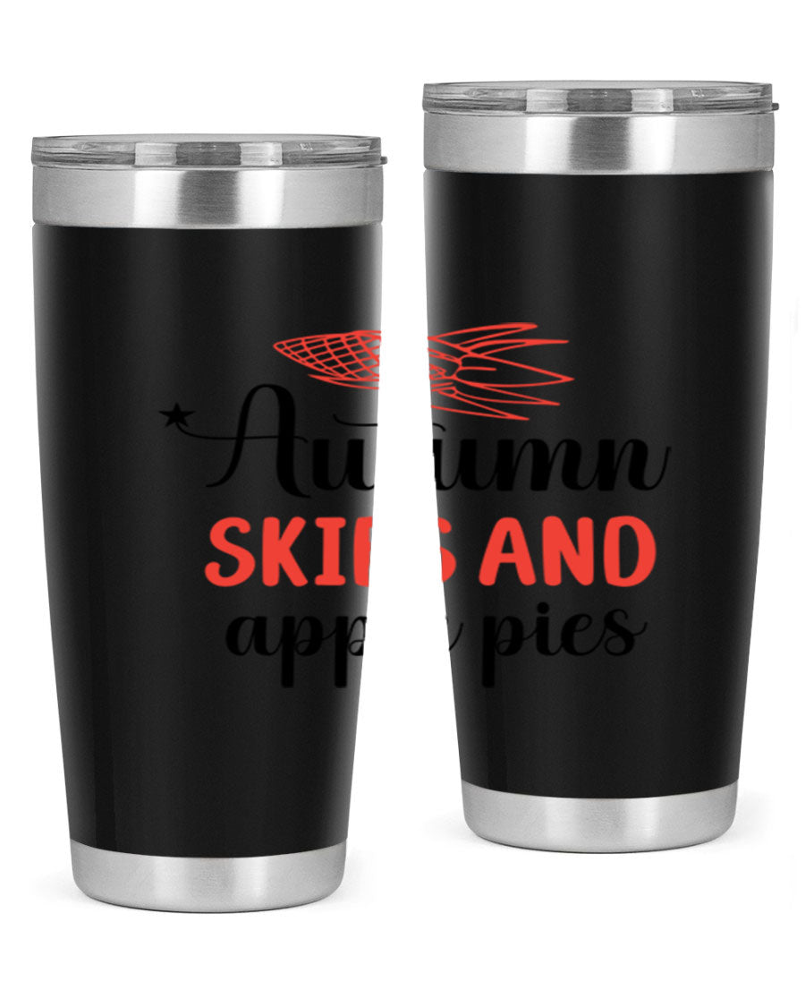 Autumn Skies and Apple Pies 20oz Tumbler featuring a vibrant fall design, double wall vacuum insulation, and a drink-thru lid.