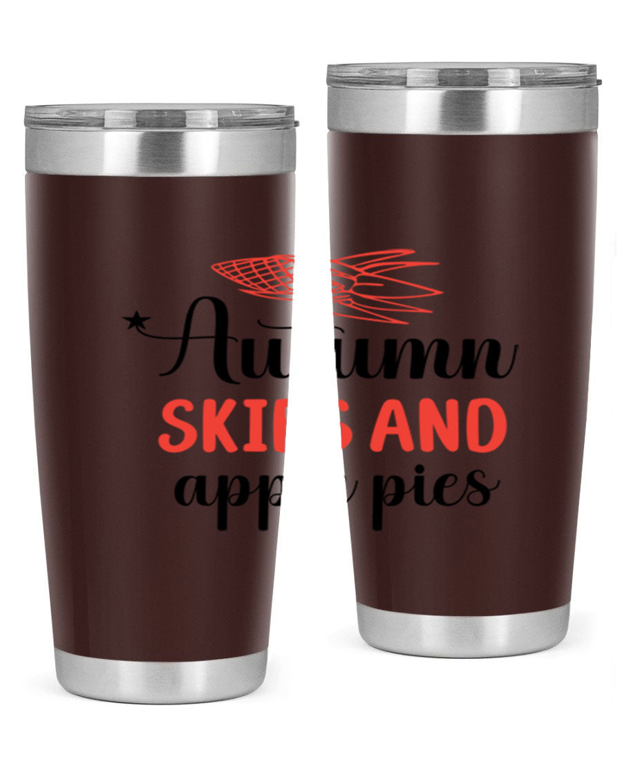 Autumn Skies and Apple Pies 20oz Tumbler featuring a vibrant fall design, double wall vacuum insulation, and a drink-thru lid.