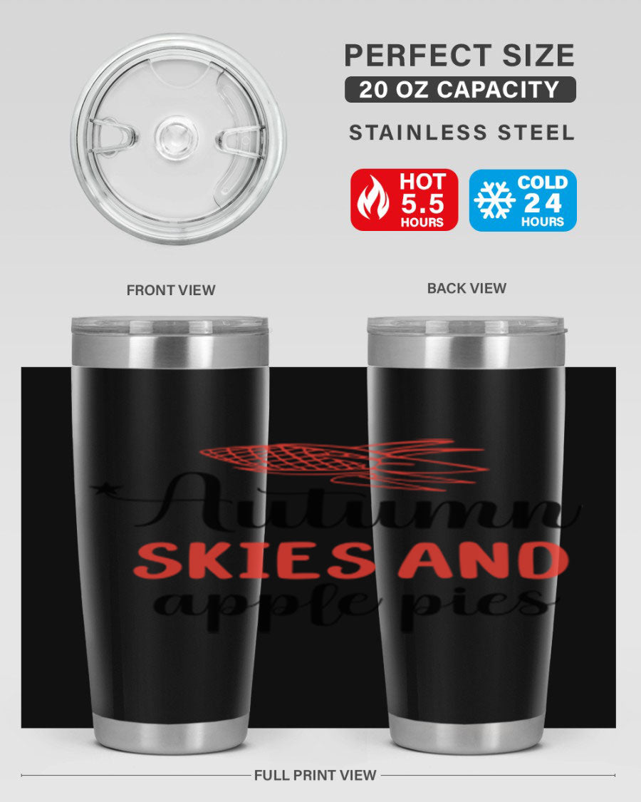 Autumn Skies and Apple Pies 20oz Tumbler featuring a vibrant fall design, double wall vacuum insulation, and a drink-thru lid.