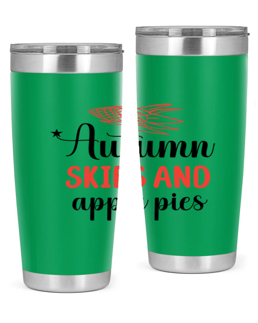 Autumn Skies and Apple Pies 20oz Tumbler featuring a vibrant fall design, double wall vacuum insulation, and a drink-thru lid.