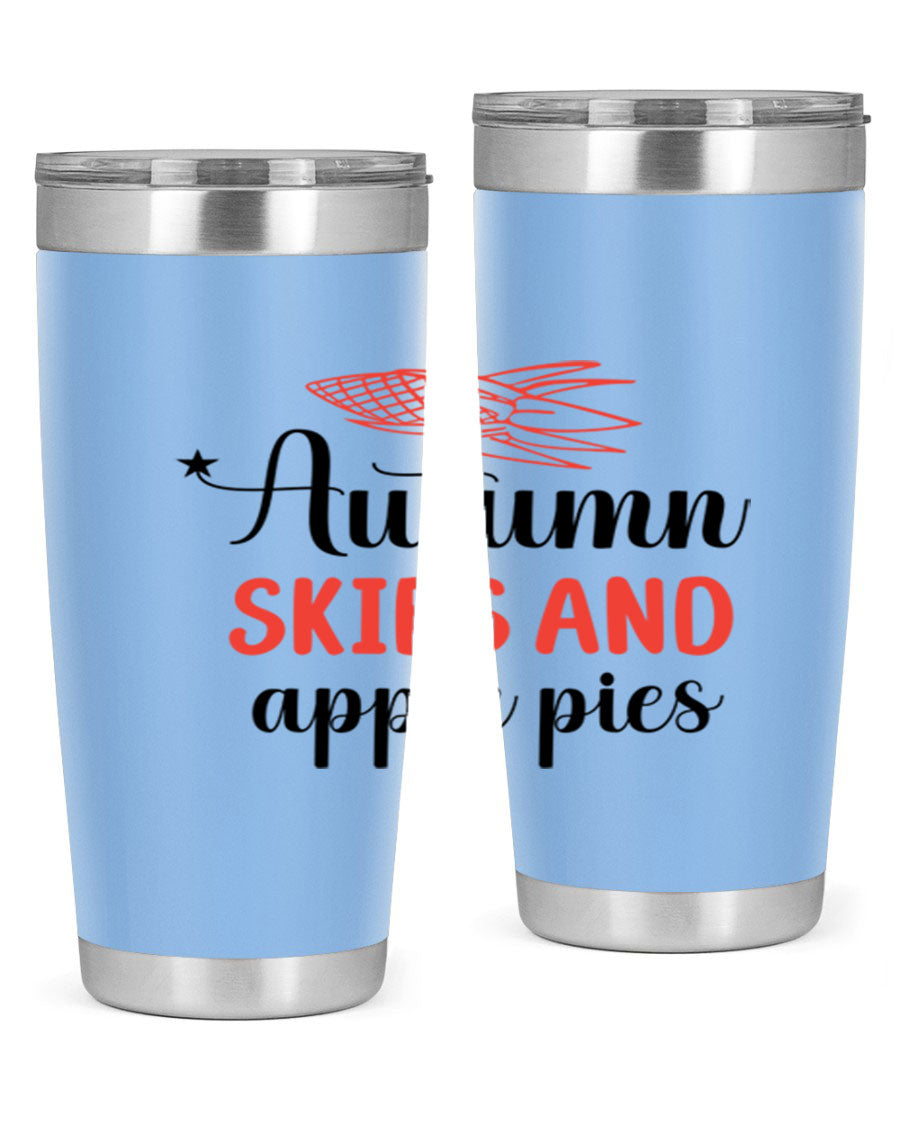 Autumn Skies and Apple Pies 20oz Tumbler featuring a vibrant fall design, double wall vacuum insulation, and a drink-thru lid.