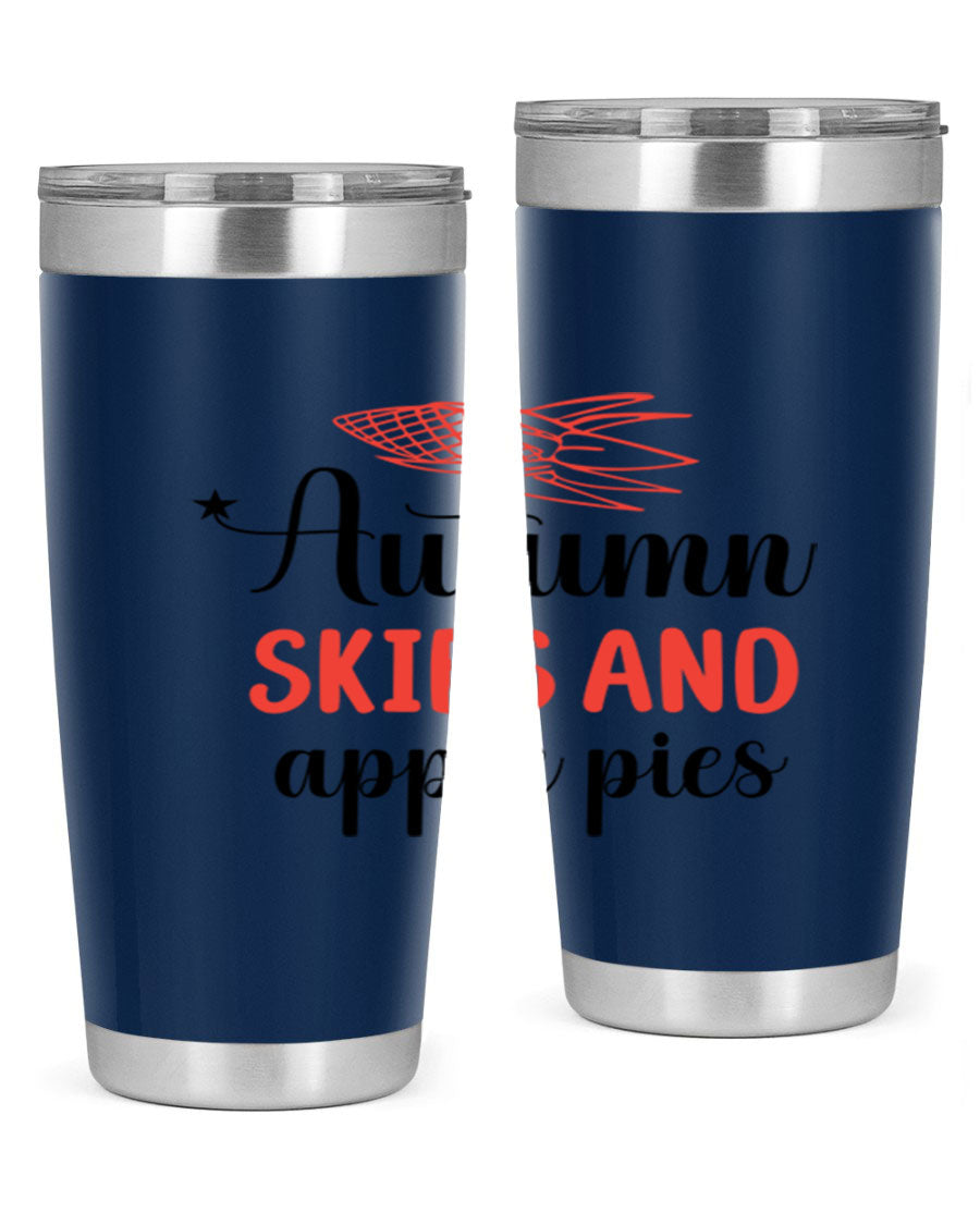 Autumn Skies and Apple Pies 20oz Tumbler featuring a vibrant fall design, double wall vacuum insulation, and a drink-thru lid.