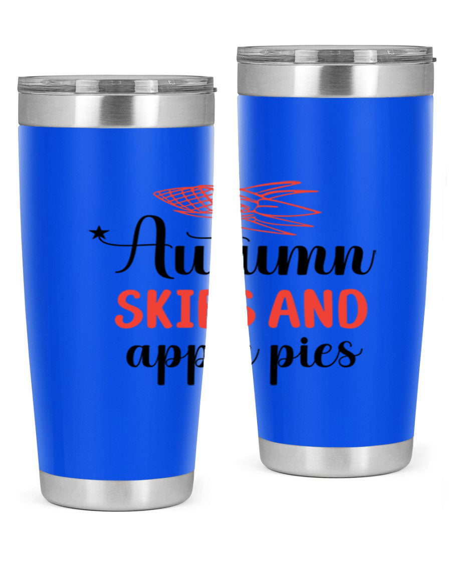 Autumn Skies and Apple Pies 20oz Tumbler featuring a vibrant fall design, double wall vacuum insulation, and a drink-thru lid.