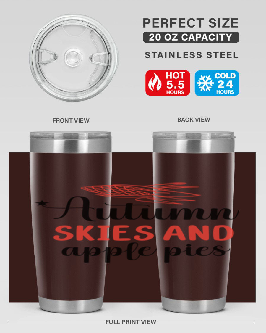 Autumn Skies and Apple Pies 20oz Tumbler featuring a vibrant fall design, double wall vacuum insulation, and a drink-thru lid.