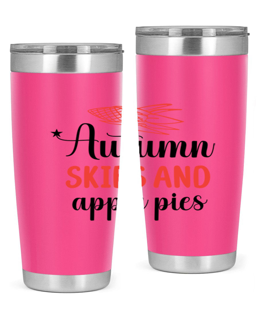 Autumn Skies and Apple Pies 20oz Tumbler featuring a vibrant fall design, double wall vacuum insulation, and a drink-thru lid.