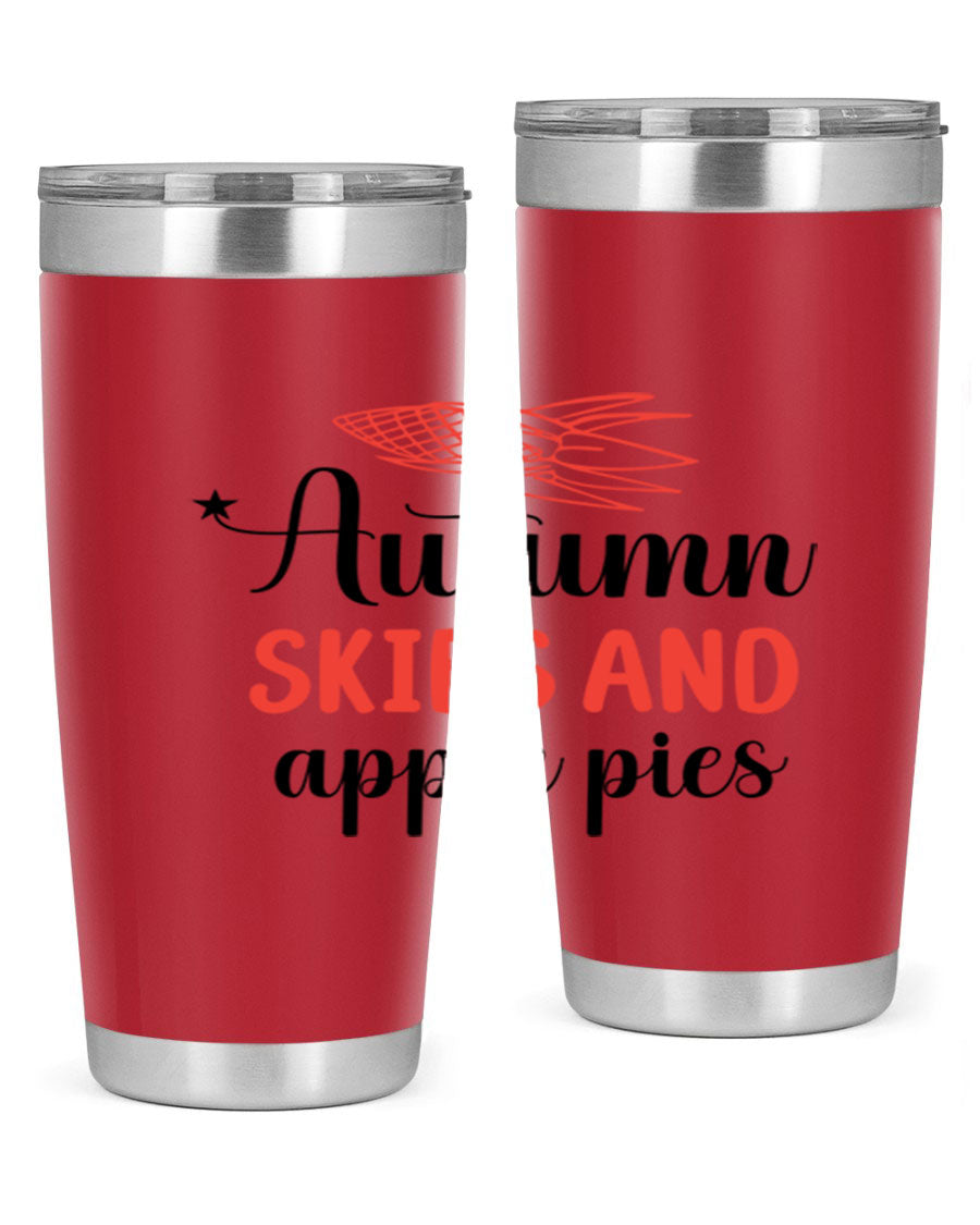 Autumn Skies and Apple Pies 20oz Tumbler featuring a vibrant fall design, double wall vacuum insulation, and a drink-thru lid.