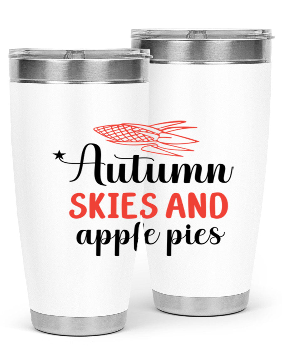 Autumn Skies and Apple Pies 20oz Tumbler featuring a vibrant fall design, double wall vacuum insulation, and a drink-thru lid.