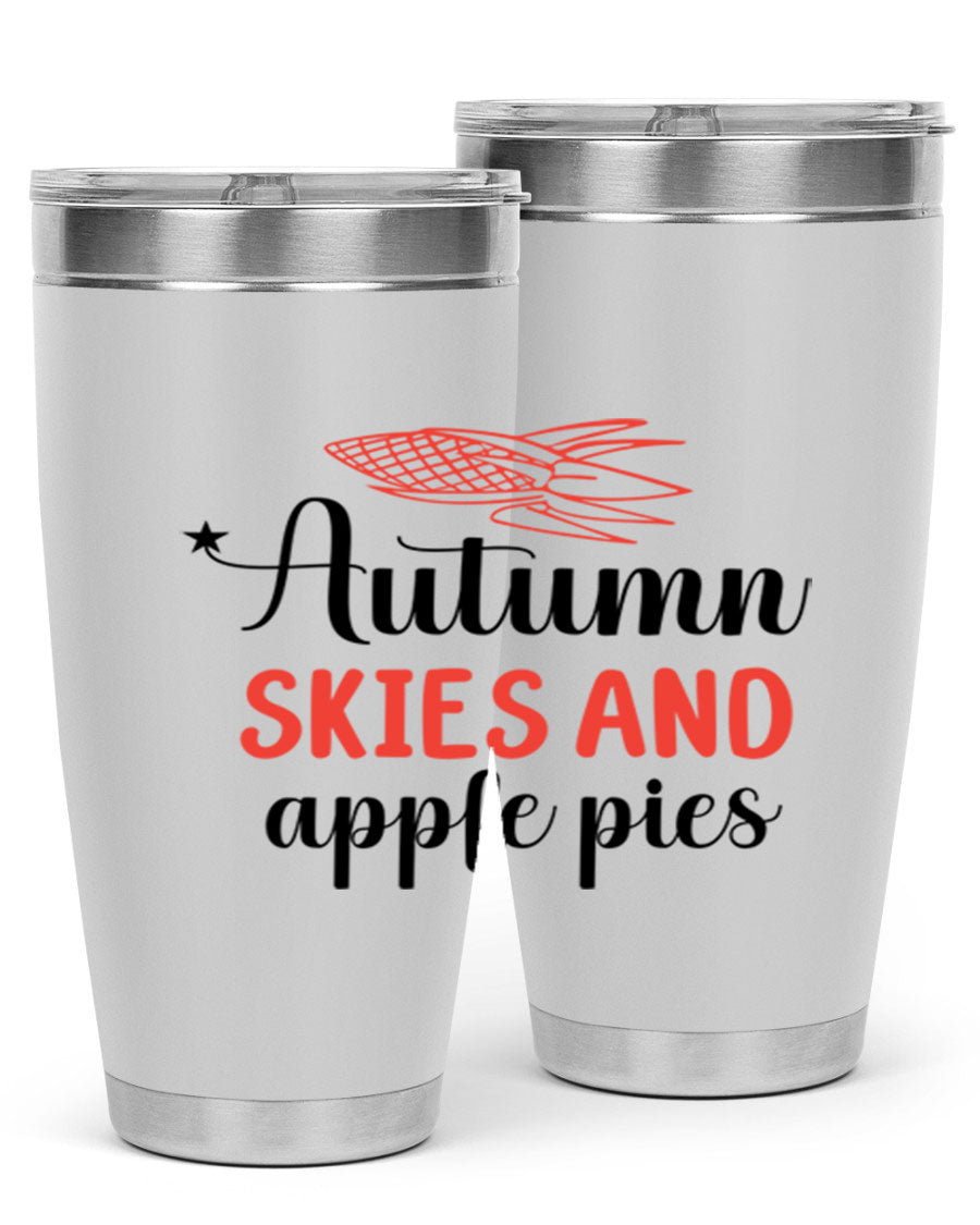 Autumn Skies and Apple Pies 20oz Tumbler featuring a vibrant fall design, double wall vacuum insulation, and a drink-thru lid.