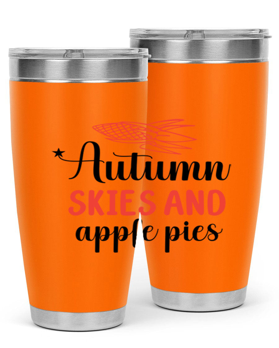 Autumn Skies and Apple Pies 20oz Tumbler featuring a vibrant fall design, double wall vacuum insulation, and a drink-thru lid.