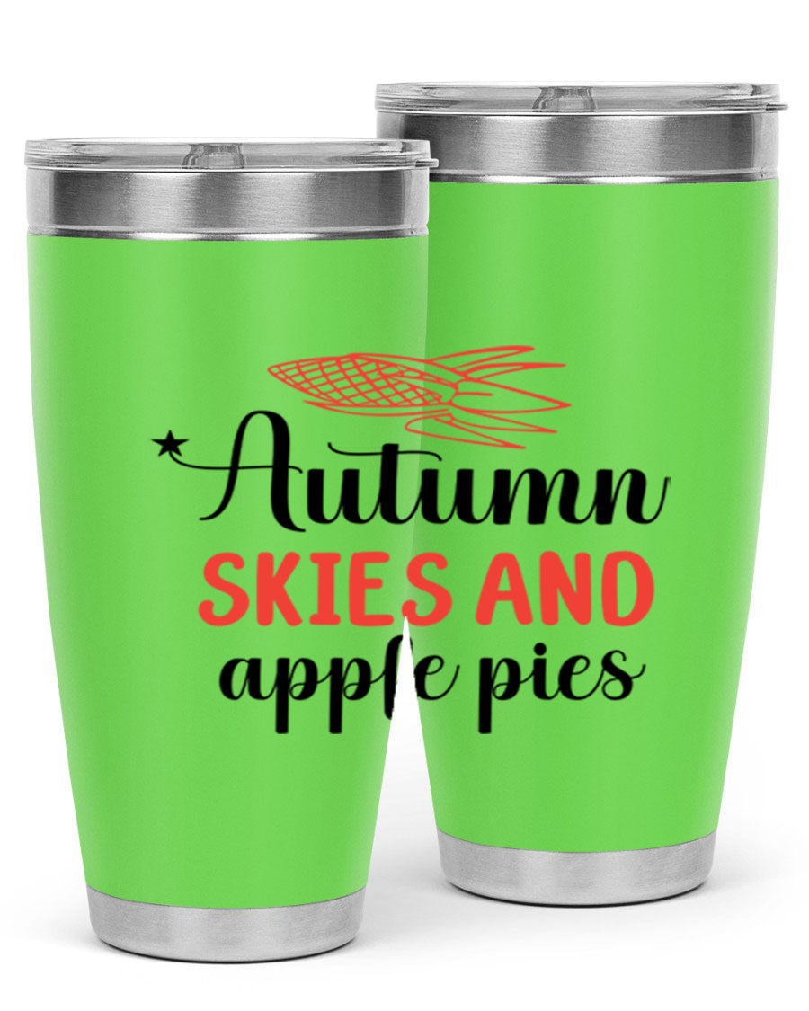 Autumn Skies and Apple Pies 20oz Tumbler featuring a vibrant fall design, double wall vacuum insulation, and a drink-thru lid.