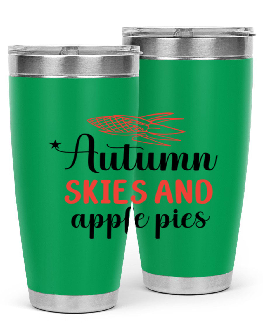 Autumn Skies and Apple Pies 20oz Tumbler featuring a vibrant fall design, double wall vacuum insulation, and a drink-thru lid.