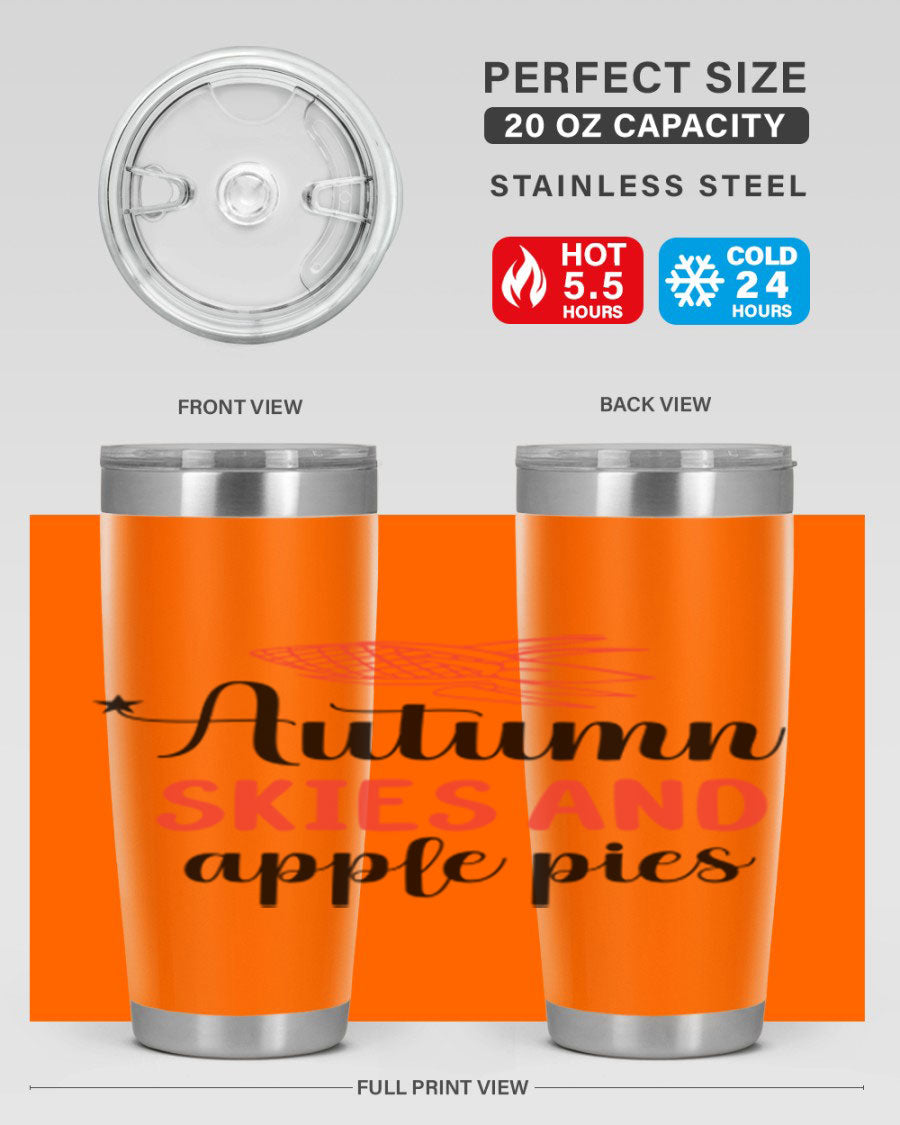 Autumn Skies and Apple Pies 20oz Tumbler featuring a vibrant fall design, double wall vacuum insulation, and a drink-thru lid.