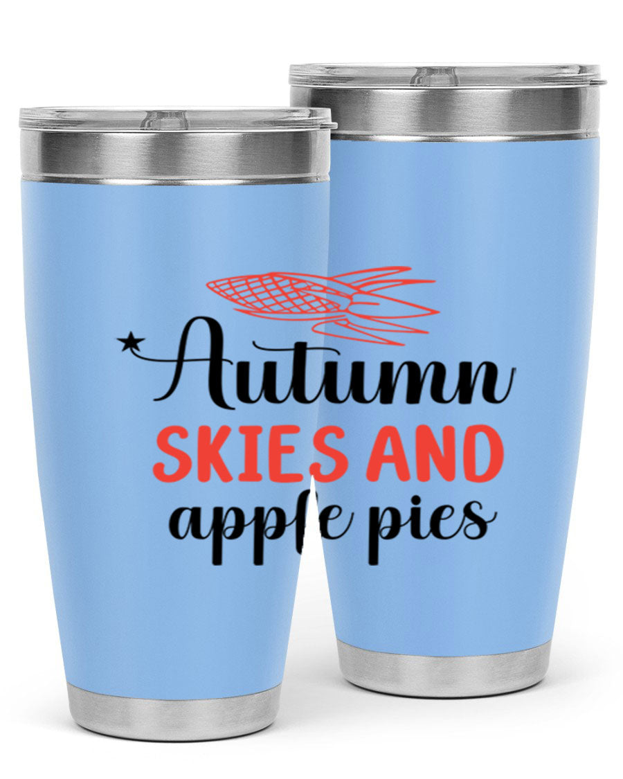 Autumn Skies and Apple Pies 20oz Tumbler featuring a vibrant fall design, double wall vacuum insulation, and a drink-thru lid.