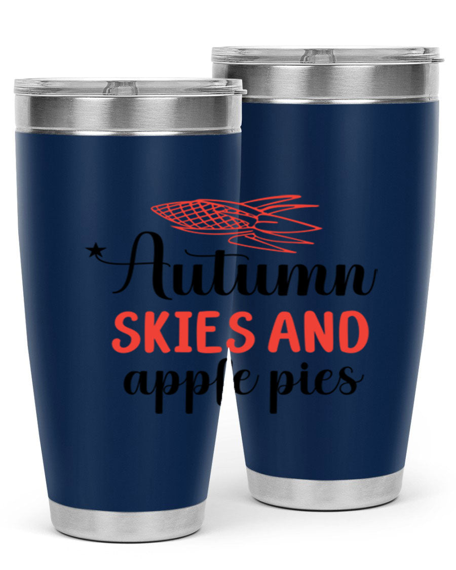 Autumn Skies and Apple Pies 20oz Tumbler featuring a vibrant fall design, double wall vacuum insulation, and a drink-thru lid.