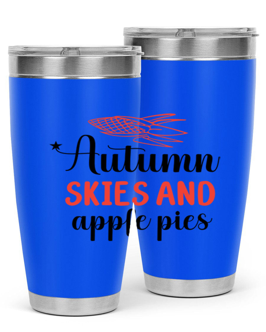 Autumn Skies and Apple Pies 20oz Tumbler featuring a vibrant fall design, double wall vacuum insulation, and a drink-thru lid.