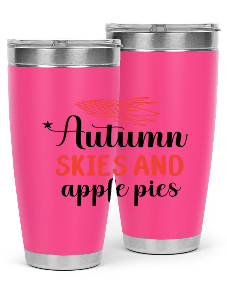 Autumn Skies and Apple Pies 20oz Tumbler featuring a vibrant fall design, double wall vacuum insulation, and a drink-thru lid.