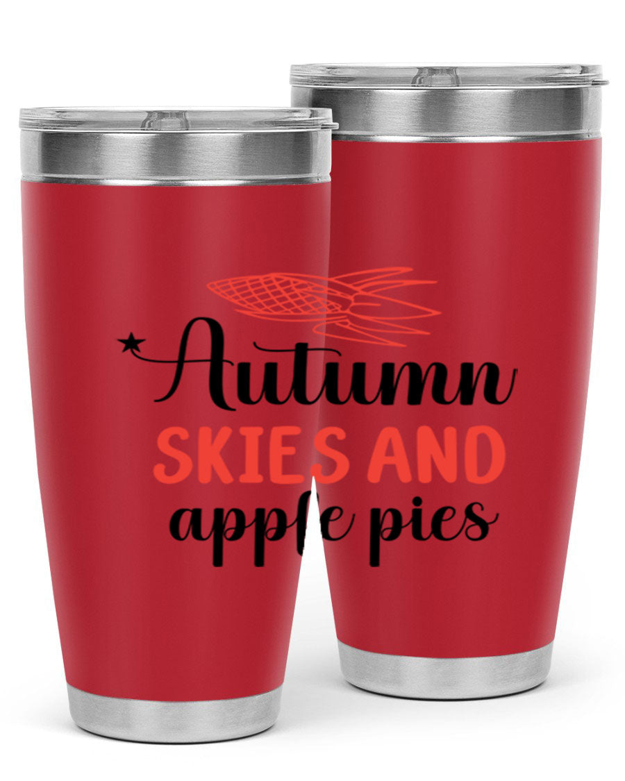 Autumn Skies and Apple Pies 20oz Tumbler featuring a vibrant fall design, double wall vacuum insulation, and a drink-thru lid.