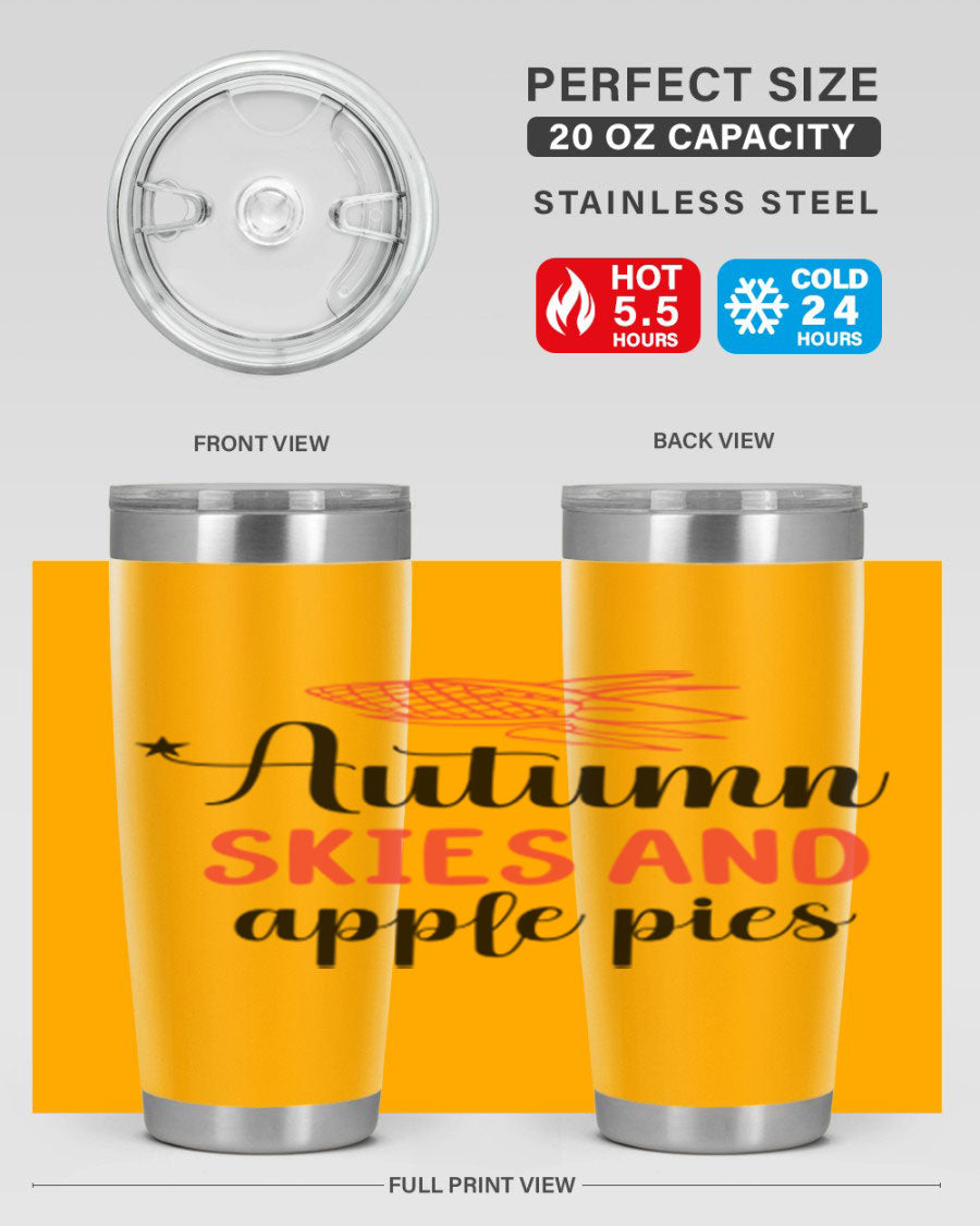 Autumn Skies and Apple Pies 20oz Tumbler featuring a vibrant fall design, double wall vacuum insulation, and a drink-thru lid.