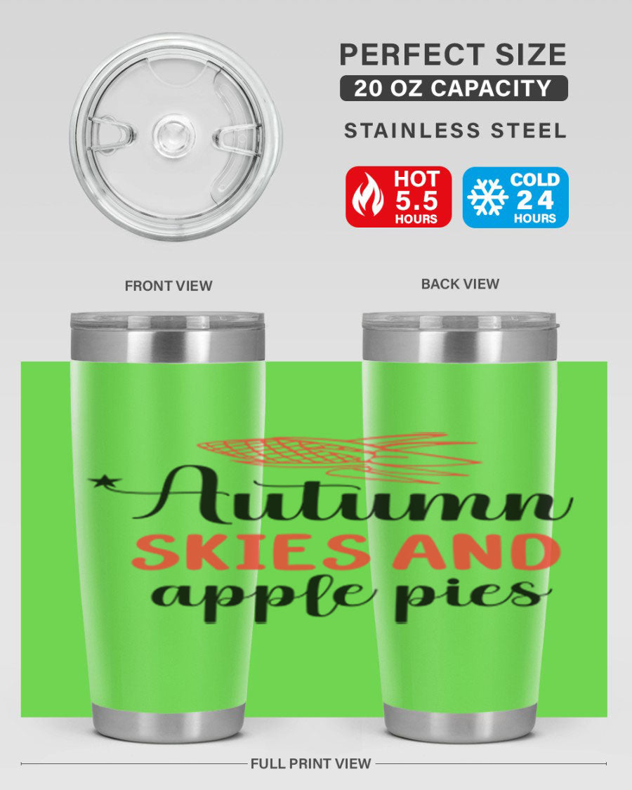 Autumn Skies and Apple Pies 20oz Tumbler featuring a vibrant fall design, double wall vacuum insulation, and a drink-thru lid.