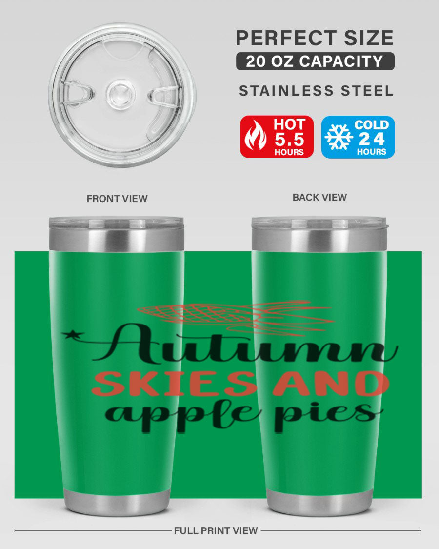 Autumn Skies and Apple Pies 20oz Tumbler featuring a vibrant fall design, double wall vacuum insulation, and a drink-thru lid.