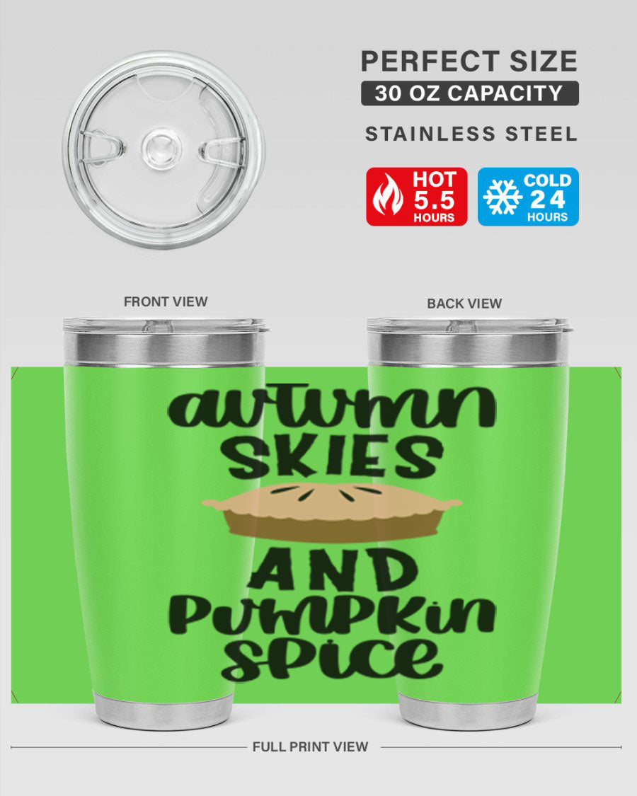 Autumn Skies And Pumpkin Spice 20oz Tumbler featuring a vibrant fall design, made of stainless steel with a drink-thru lid.