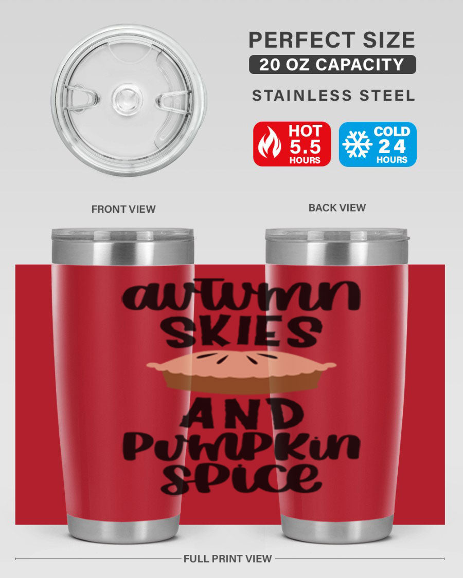 Autumn Skies And Pumpkin Spice 20oz Tumbler featuring a vibrant fall design, made of stainless steel with a drink-thru lid.