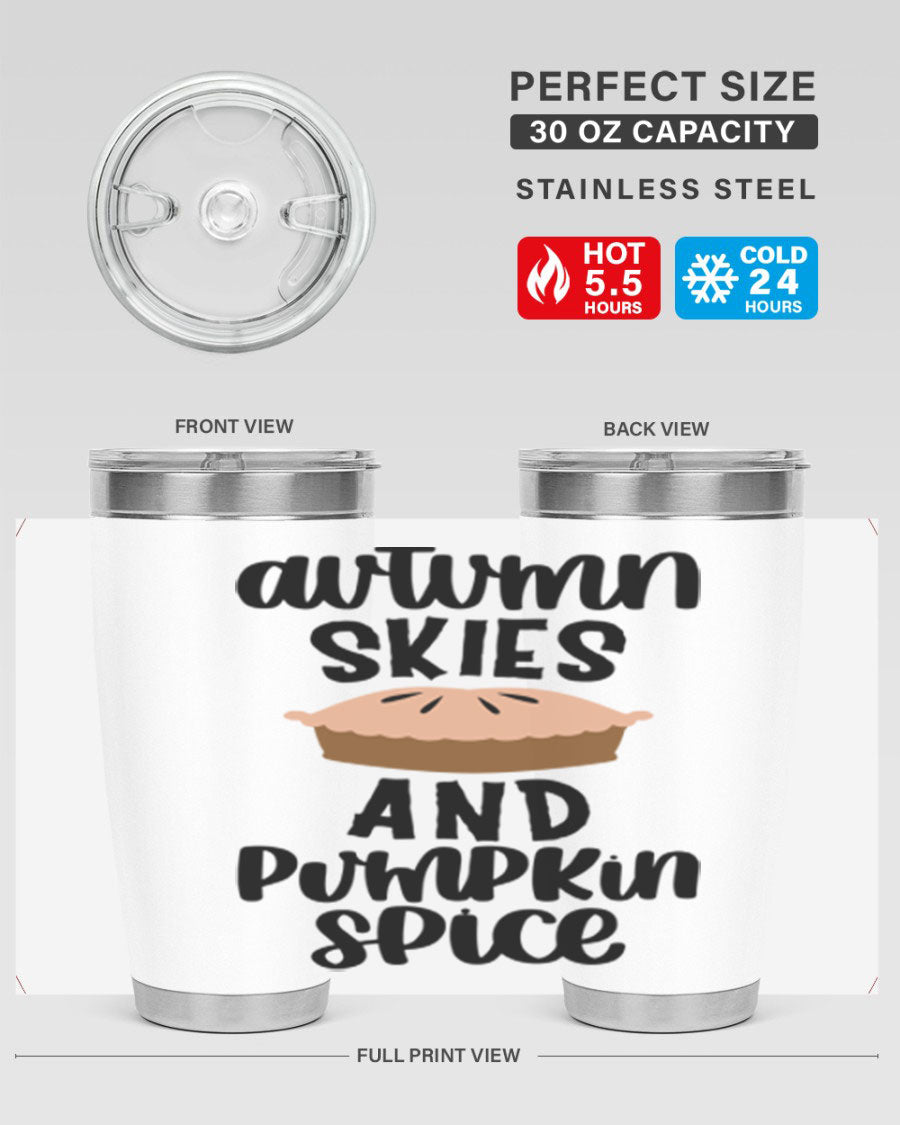 Autumn Skies And Pumpkin Spice 20oz Tumbler featuring a vibrant fall design, made of stainless steel with a drink-thru lid.