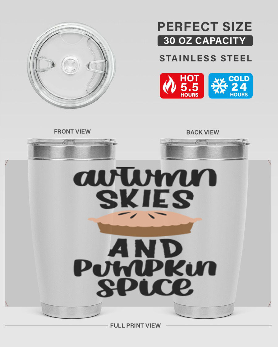 Autumn Skies And Pumpkin Spice 20oz Tumbler featuring a vibrant fall design, made of stainless steel with a drink-thru lid.