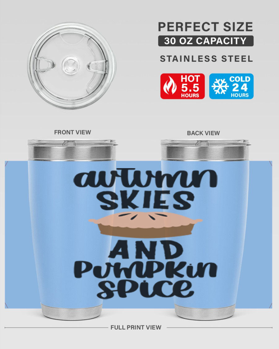 Autumn Skies And Pumpkin Spice 20oz Tumbler featuring a vibrant fall design, made of stainless steel with a drink-thru lid.