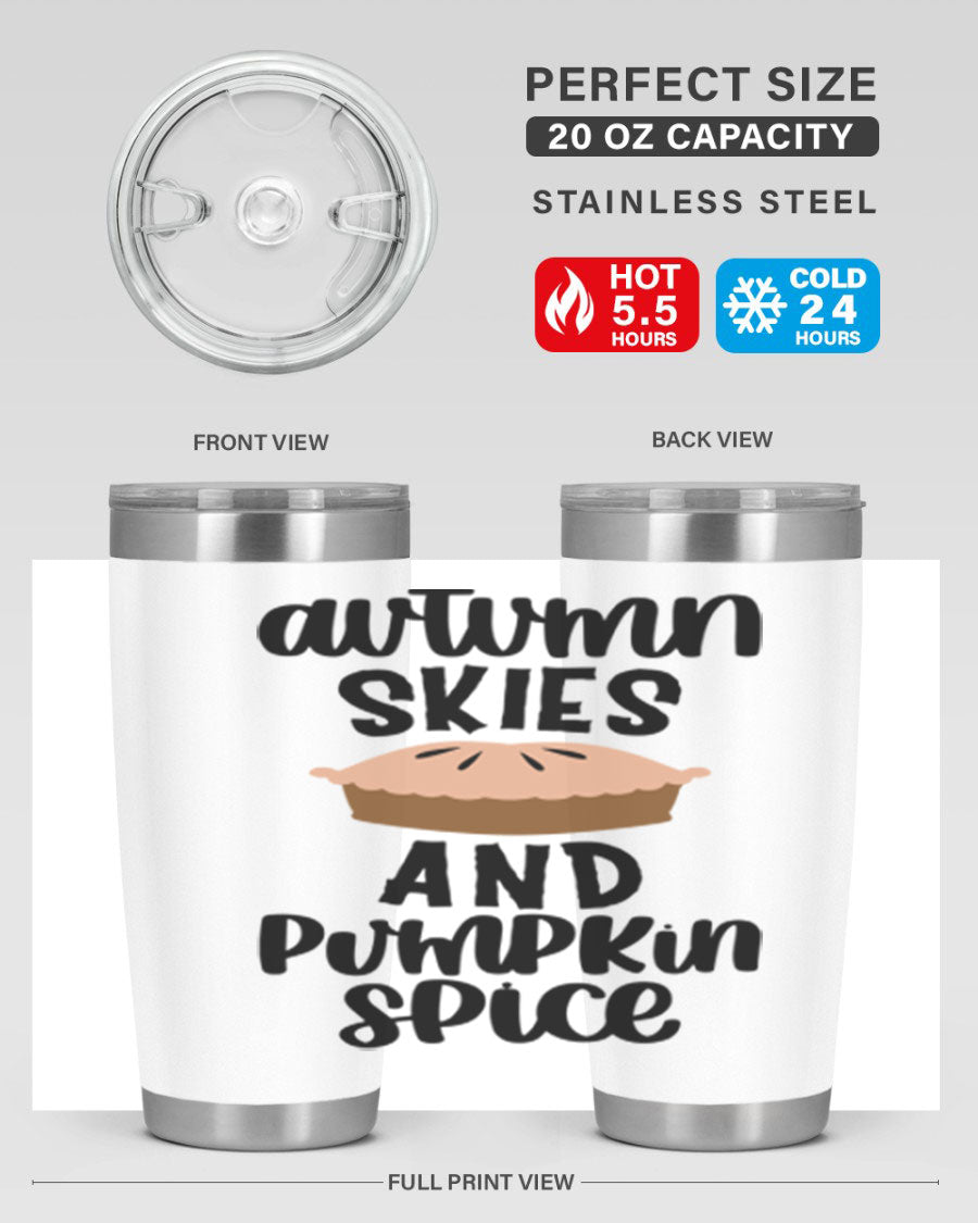 Autumn Skies And Pumpkin Spice 20oz Tumbler featuring a vibrant fall design, made of stainless steel with a drink-thru lid.