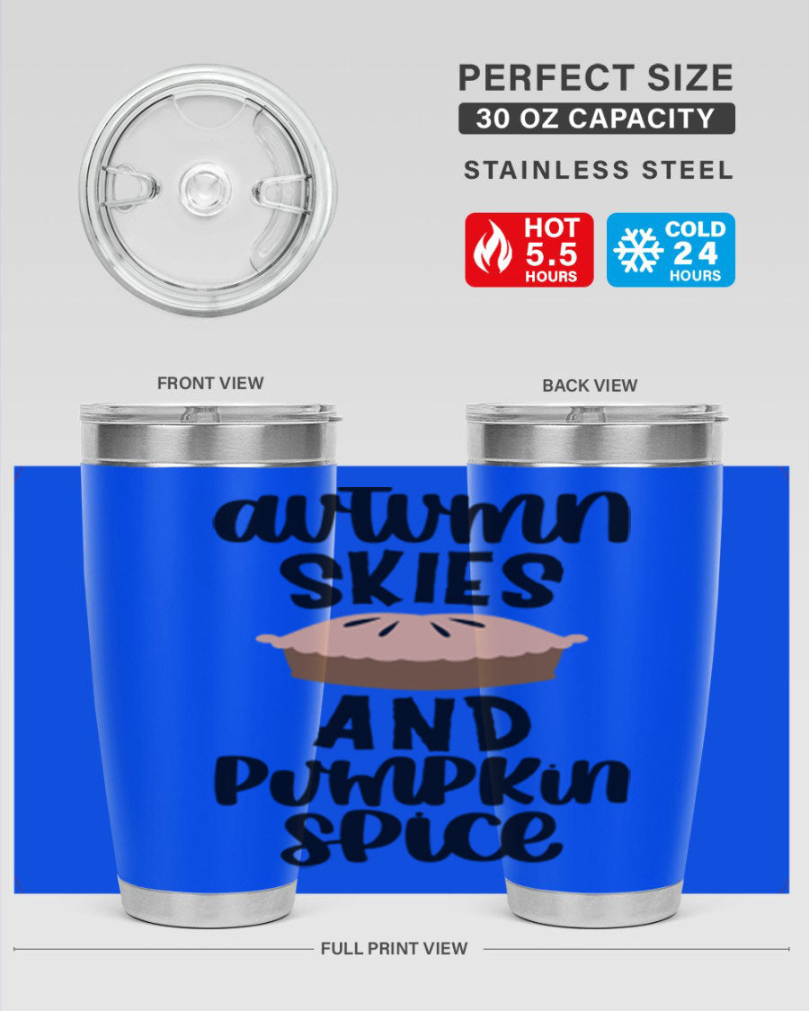 Autumn Skies And Pumpkin Spice 20oz Tumbler featuring a vibrant fall design, made of stainless steel with a drink-thru lid.