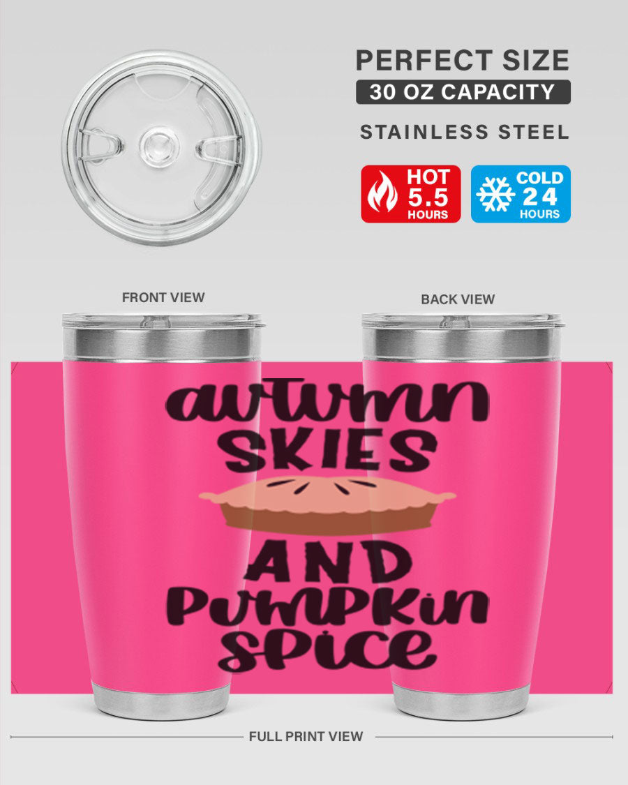 Autumn Skies And Pumpkin Spice 20oz Tumbler featuring a vibrant fall design, made of stainless steel with a drink-thru lid.