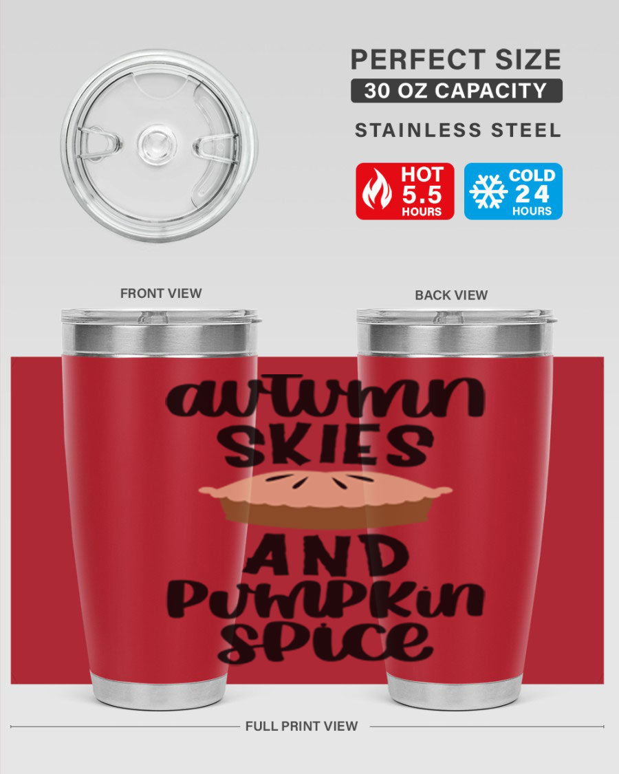 Autumn Skies And Pumpkin Spice 20oz Tumbler featuring a vibrant fall design, made of stainless steel with a drink-thru lid.