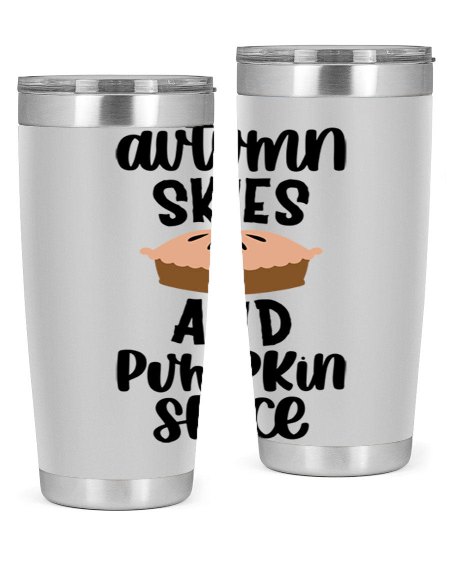 Autumn Skies And Pumpkin Spice 20oz Tumbler featuring a vibrant fall design, made of stainless steel with a drink-thru lid.