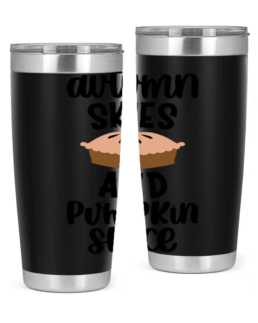 Autumn Skies And Pumpkin Spice 20oz Tumbler featuring a vibrant fall design, made of stainless steel with a drink-thru lid.