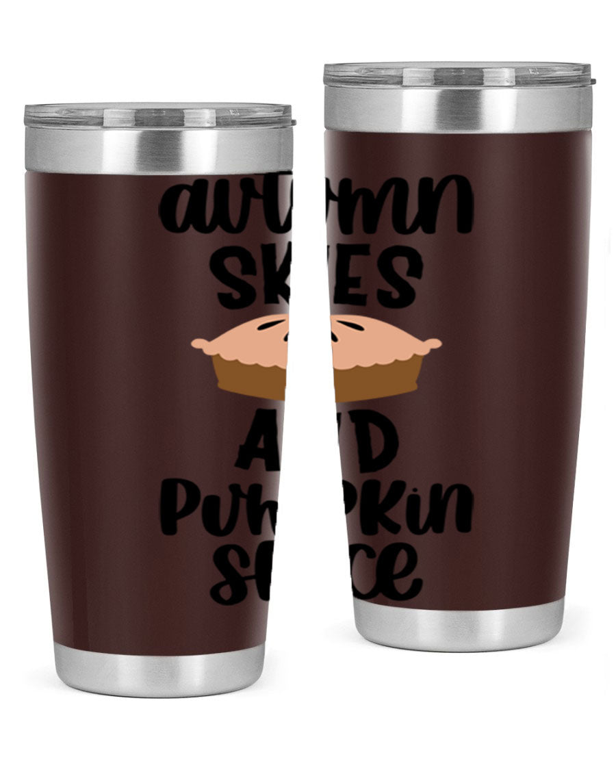 Autumn Skies And Pumpkin Spice 20oz Tumbler featuring a vibrant fall design, made of stainless steel with a drink-thru lid.