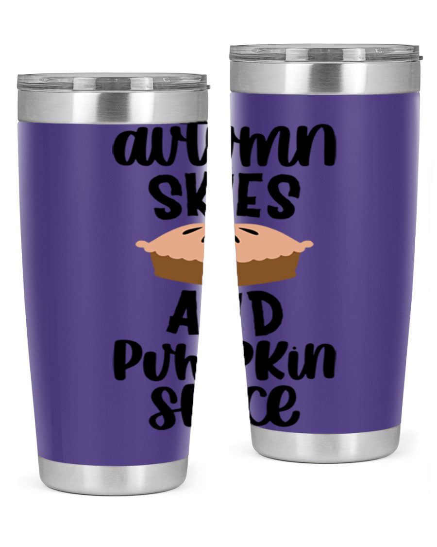 Autumn Skies And Pumpkin Spice 20oz Tumbler featuring a vibrant fall design, made of stainless steel with a drink-thru lid.