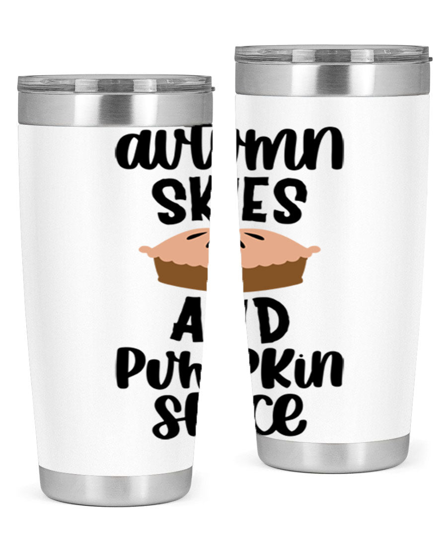 Autumn Skies And Pumpkin Spice 20oz Tumbler featuring a vibrant fall design, made of stainless steel with a drink-thru lid.