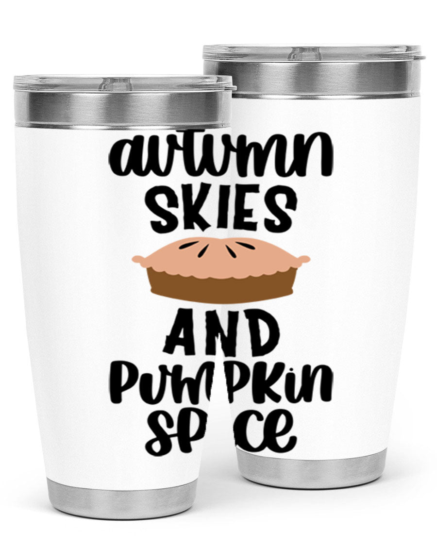 Autumn Skies And Pumpkin Spice 20oz Tumbler featuring a vibrant fall design, made of stainless steel with a drink-thru lid.