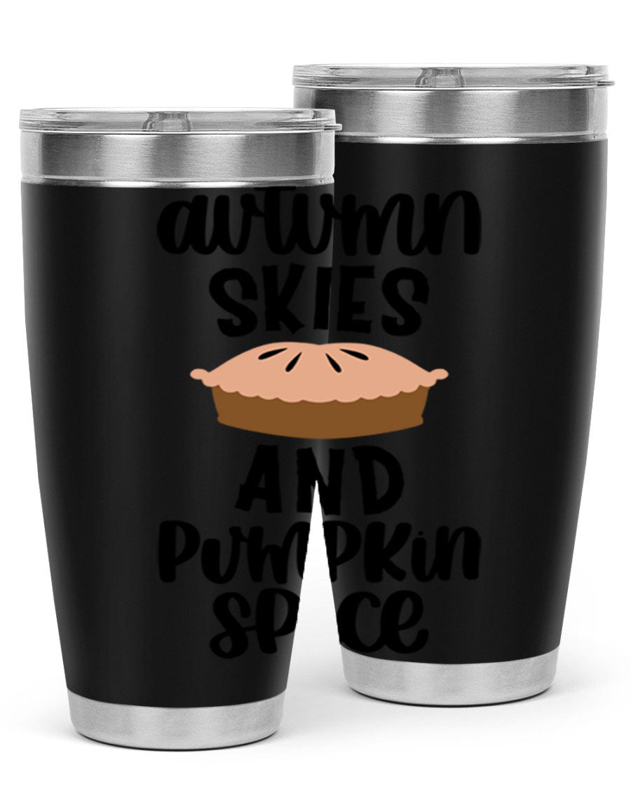 Autumn Skies And Pumpkin Spice 20oz Tumbler featuring a vibrant fall design, made of stainless steel with a drink-thru lid.